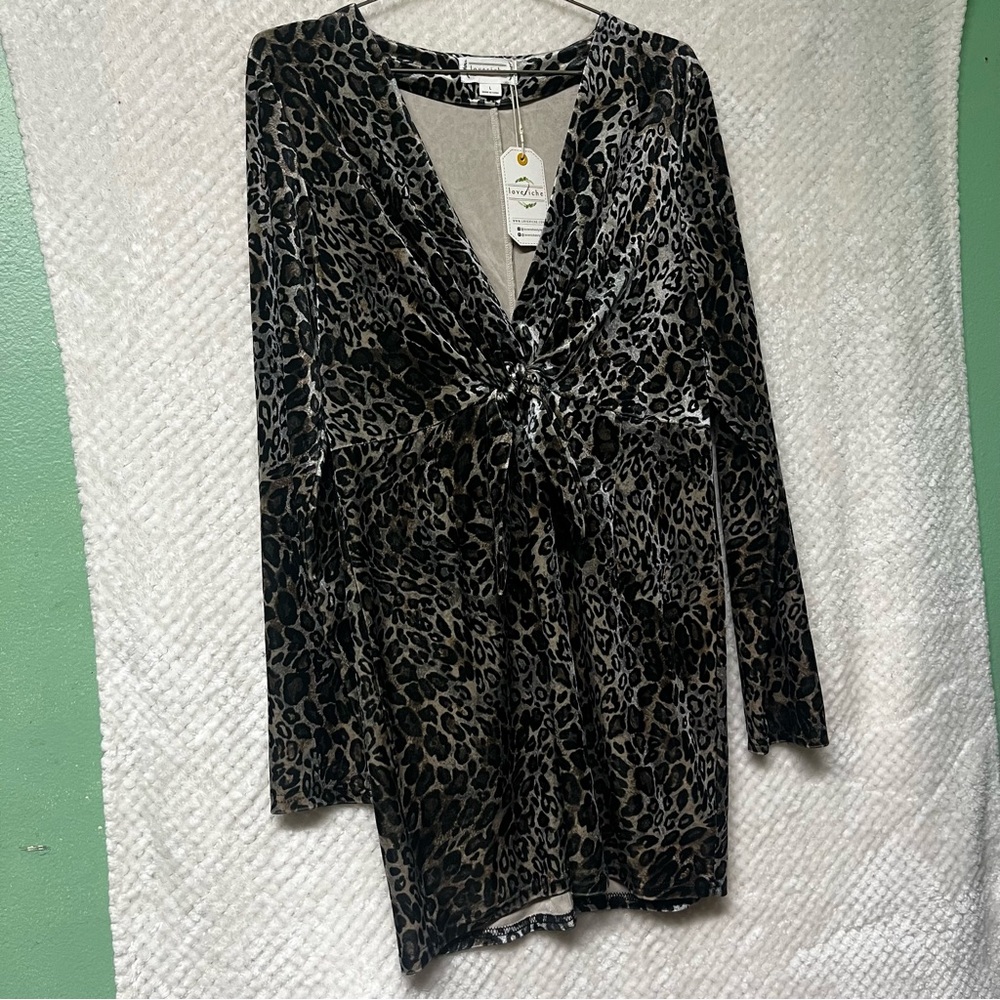 Love Riche Mini Dress Womens Leopard Print Bodycon Twisted Knot Large V Neck NWT - Picture 5 of 15